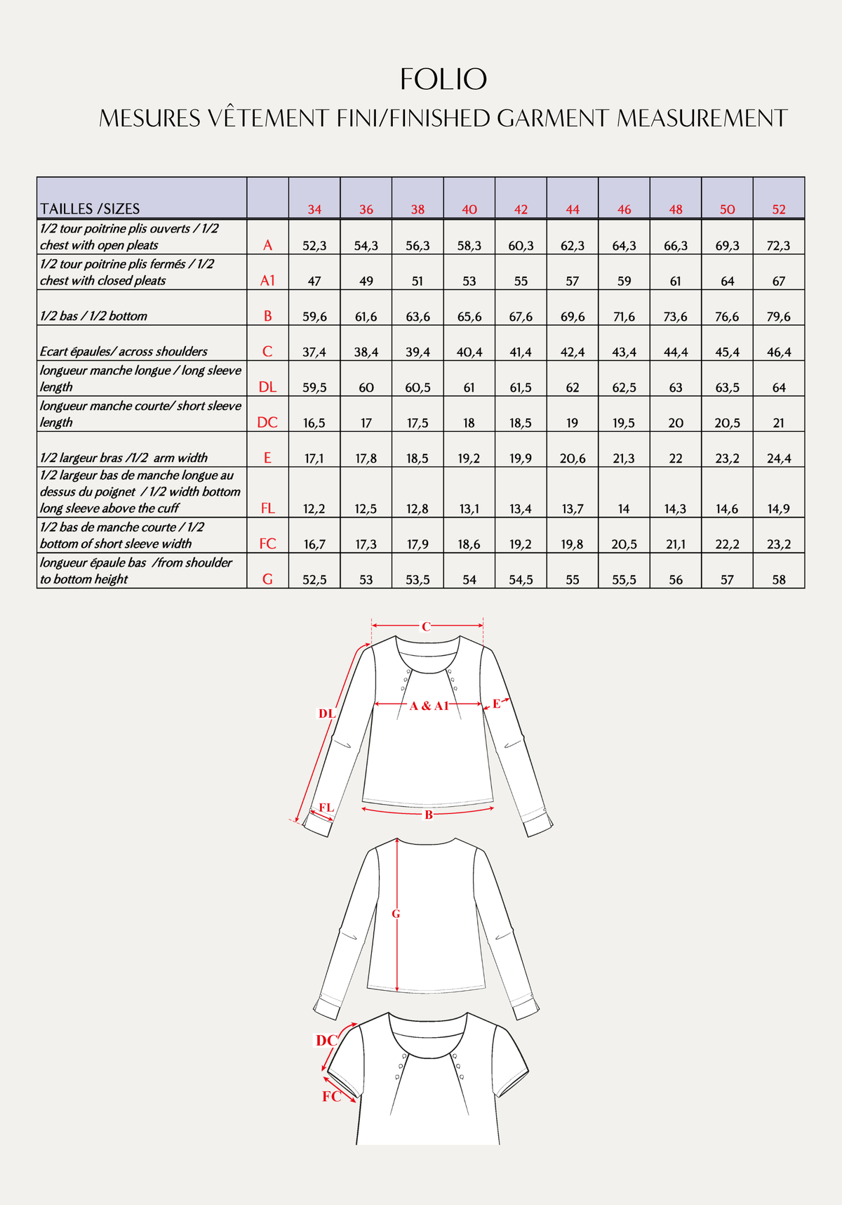 Maison Fauve Folio blouse finished garment measurements