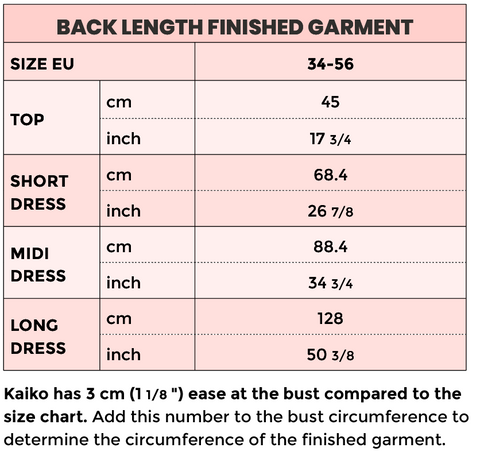 Kaiko sewing pattern finished measurements by Notches