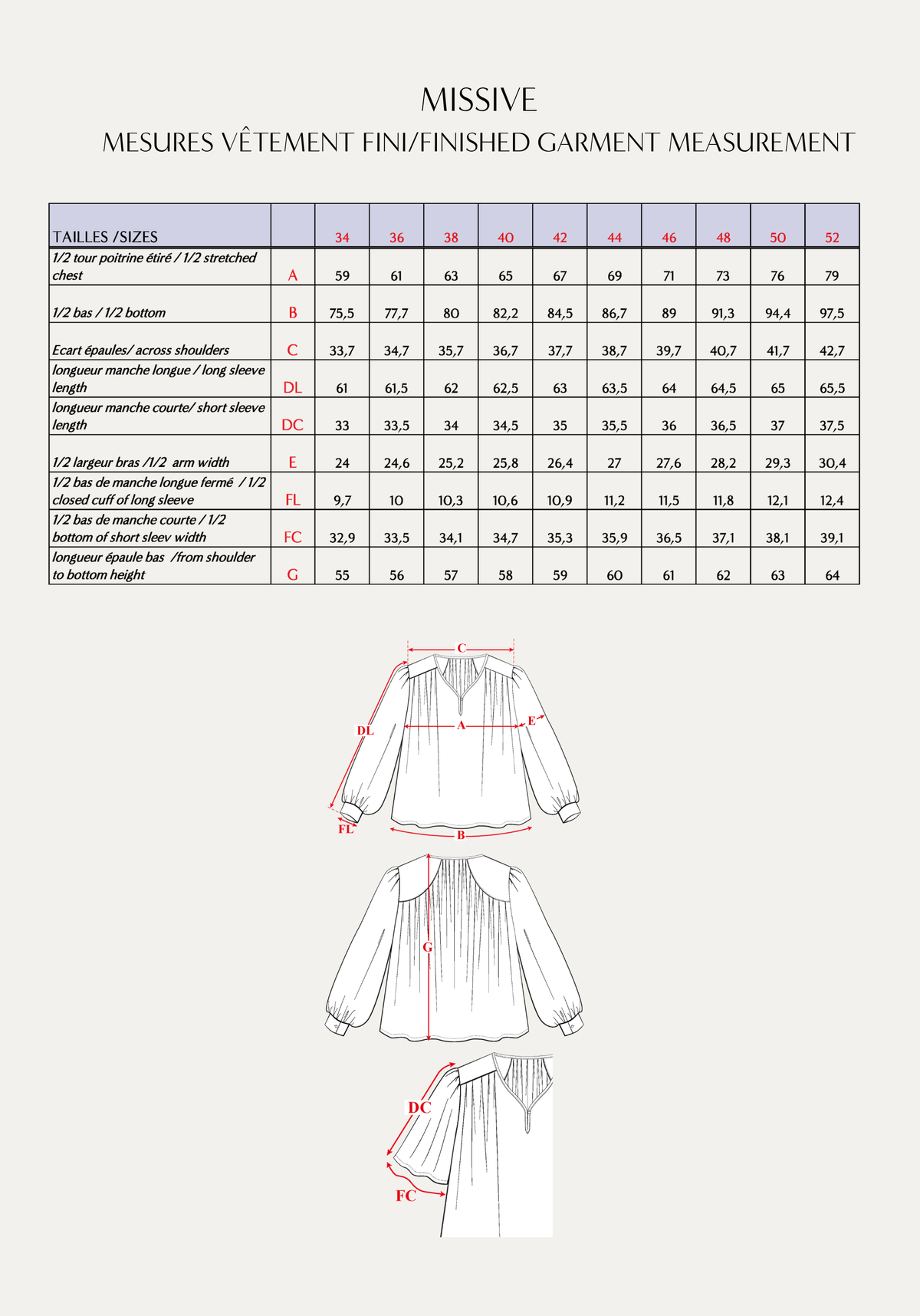 Maison Fauve Missive blouse finished garment measurements