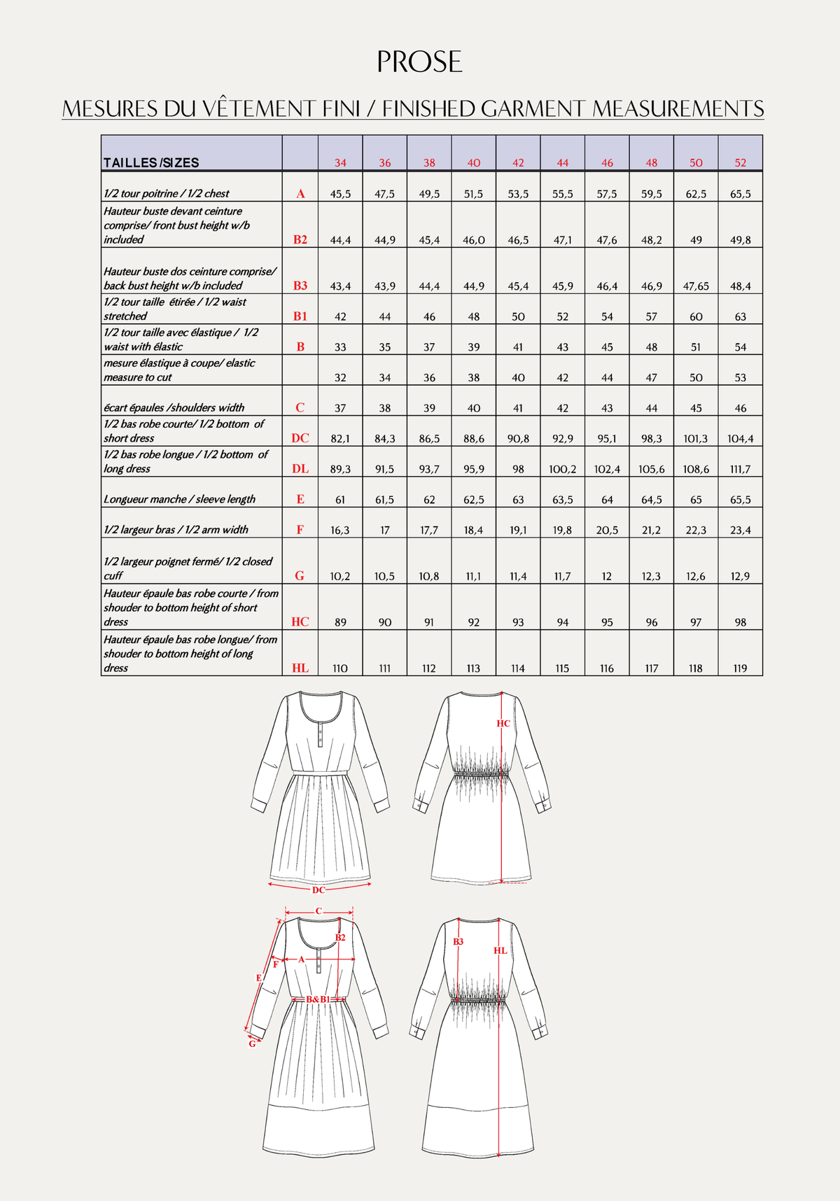 Maison Fauve Prose finished garment measurements