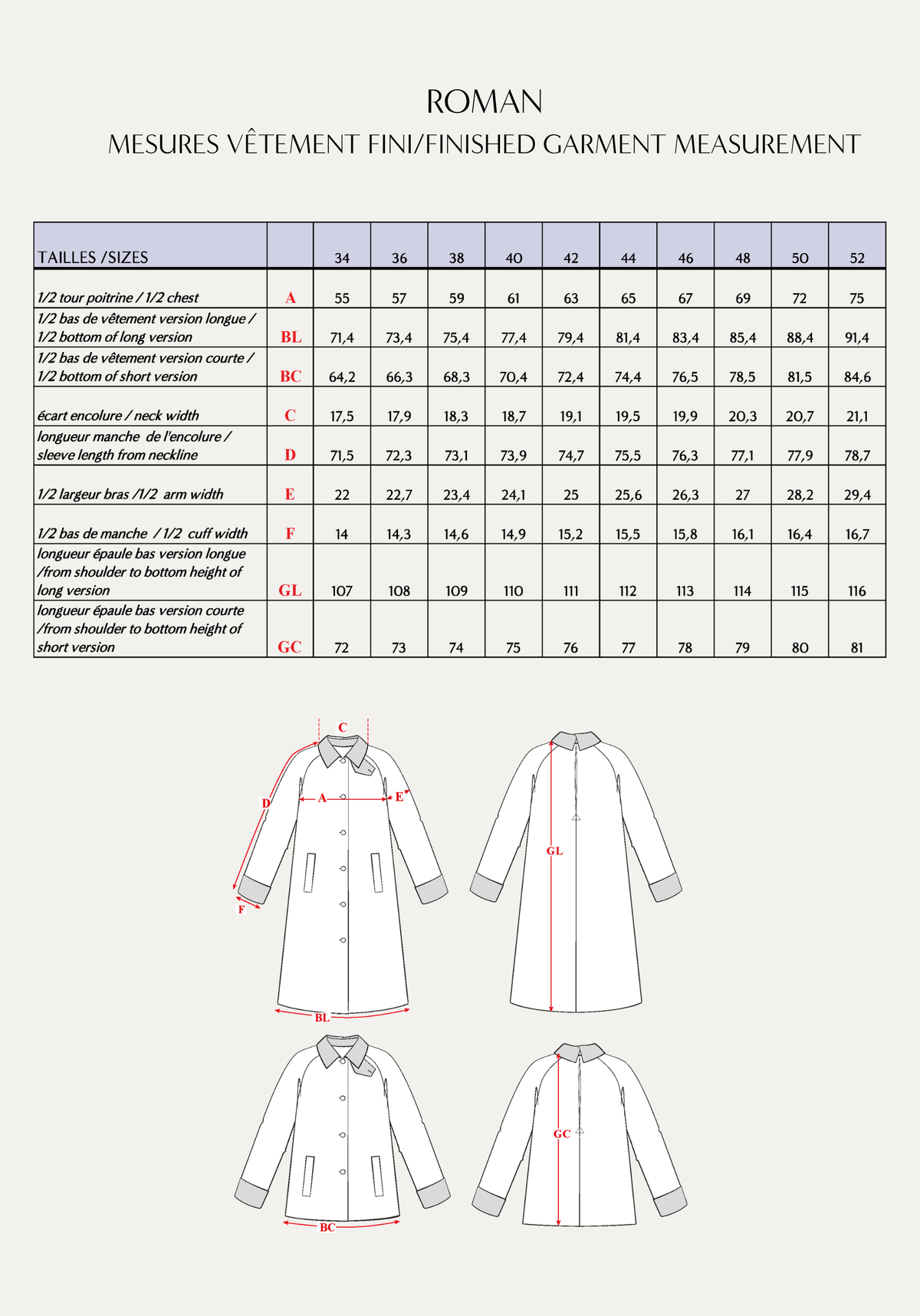 Maison Fauve Roman overcoat finished garment measurements